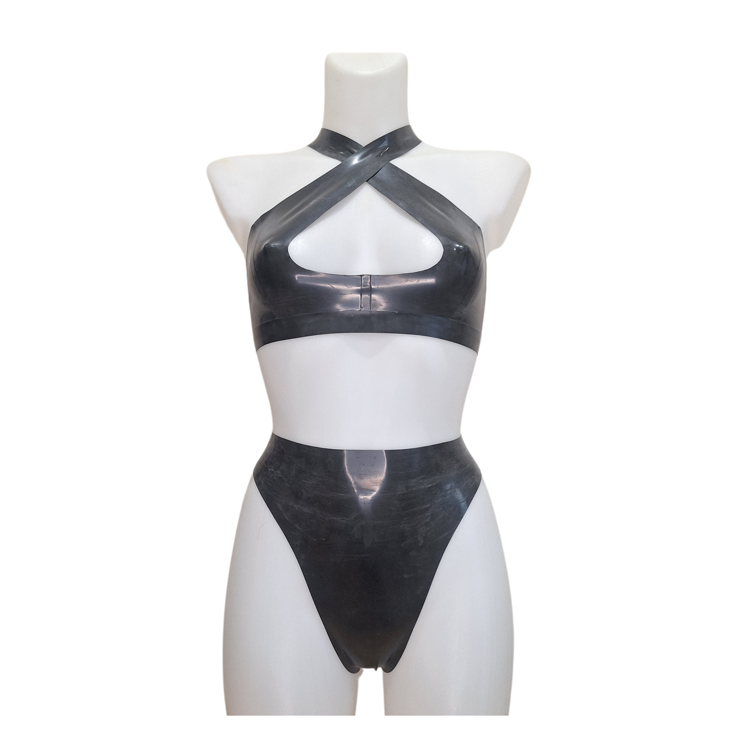 Latex high waisted, high leg thong knickers/panties shown with a lack latex cross front (under collar bone) cropped top - front view