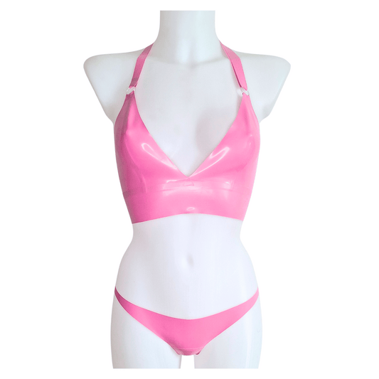 Bubblegum Pink Latex Longline Bra Top,  Knickers & Skater Skirt Set