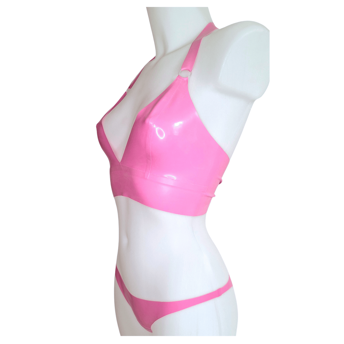 Bubblegum Pink Latex Longline Bra Top, Knickers & Skater Skirt Set