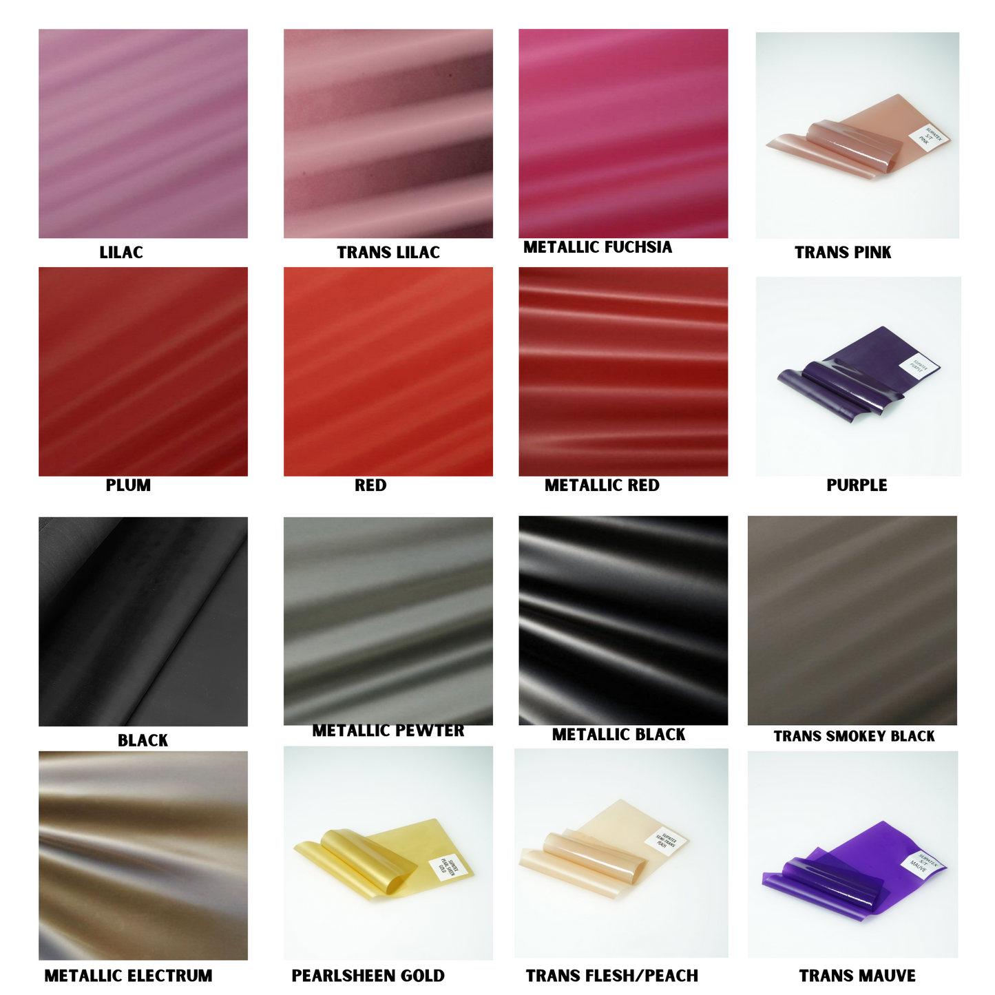 Colour chart - choose from: Lilac, Transparent lilac, metallic fuchsia pink, transparent pink, plum, red, metallic red, dark purple, black, metallic pewter, metallic black, transparent black, metallic electrum, pearlsheen gold, transparent peach & transparent mauve purple