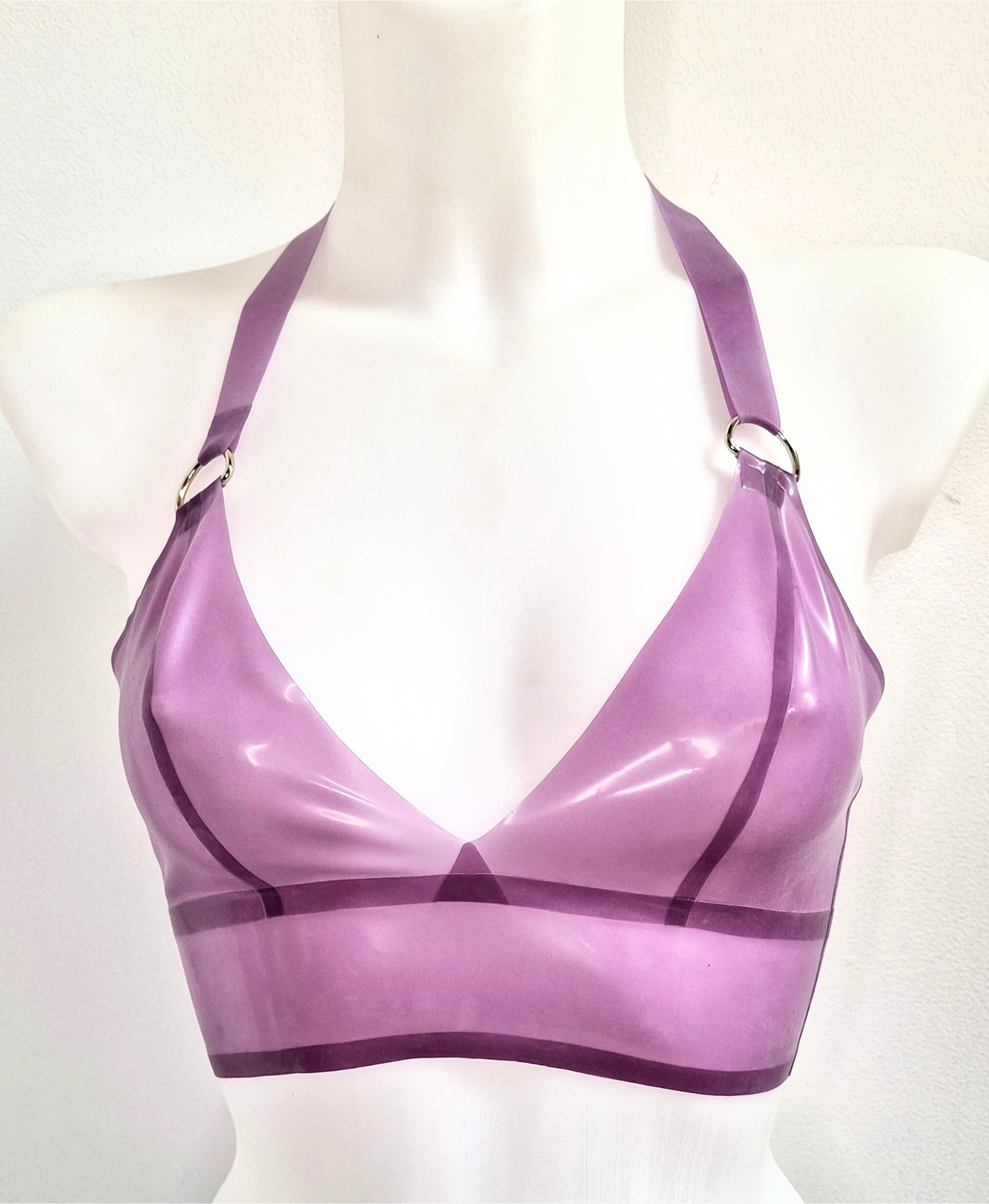 Semi translucent lilac latex version of the Longline bralette with adjustable halter strap
