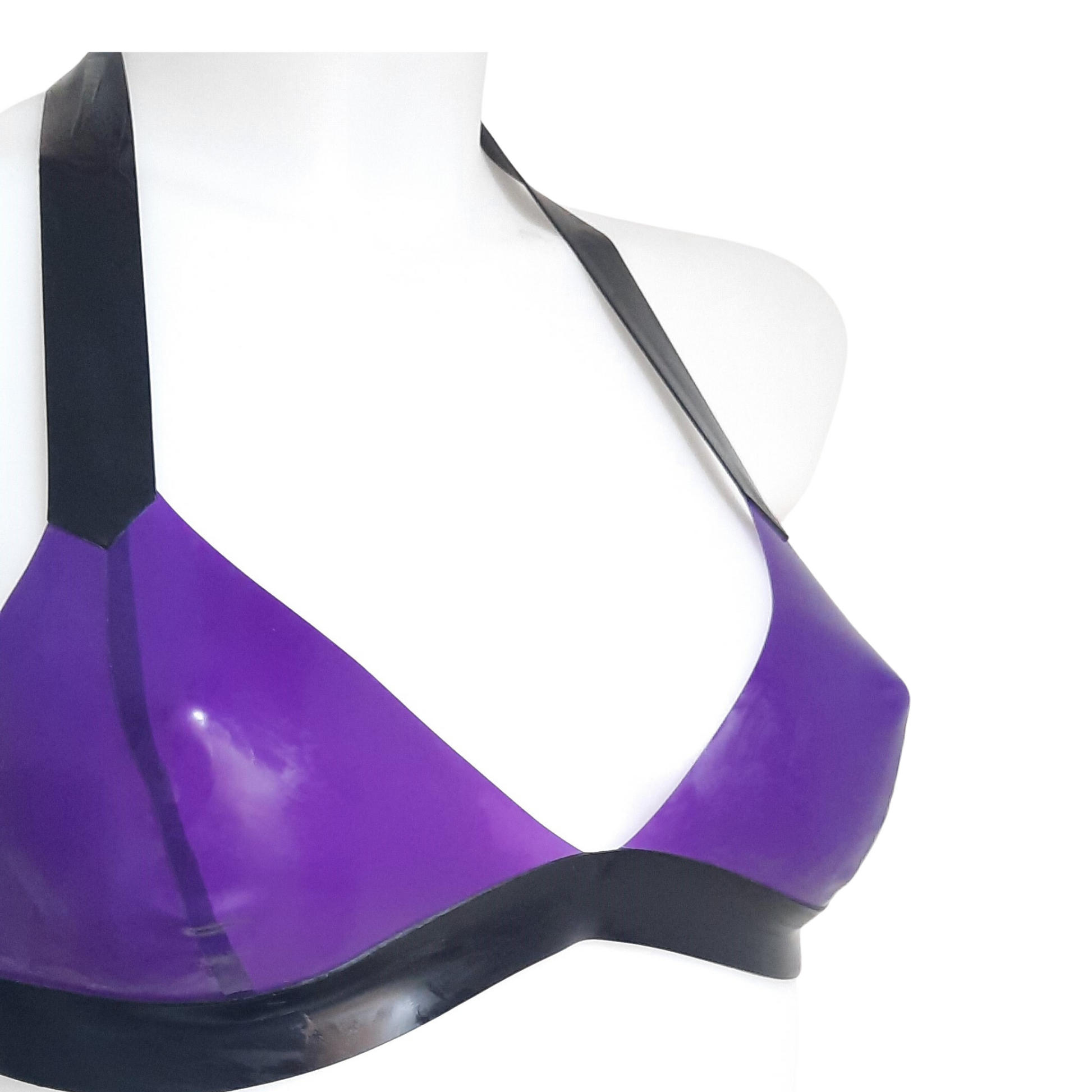 Transparent Mauve Purple  Latex Bikini Bralette - Thick 1.05mm band and strap, cups joining in center. Halter Strap
