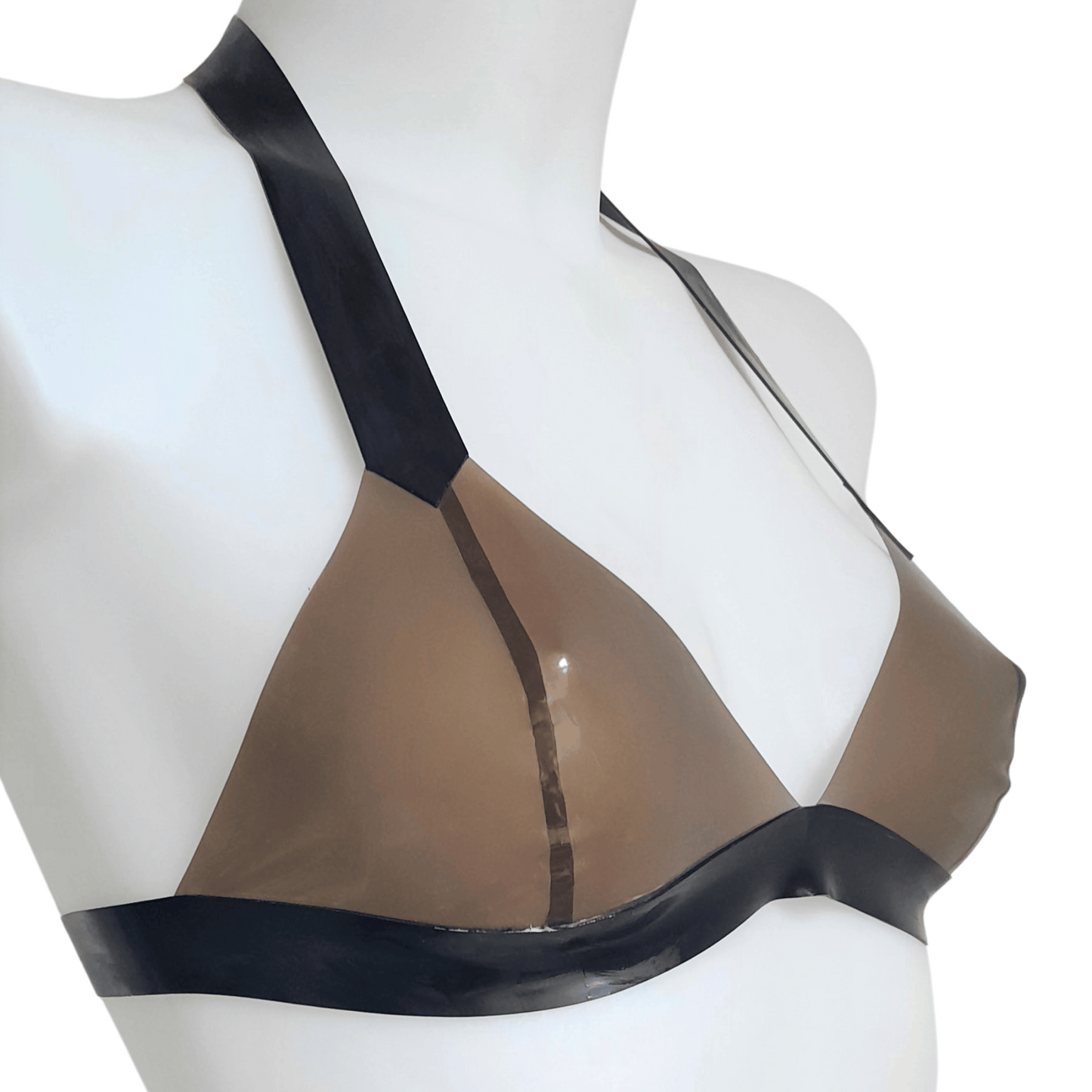 Transparent Black Latex Bikini Bralette - Thick 1.05mm band and strap, cups joining in center. Halter Strap
