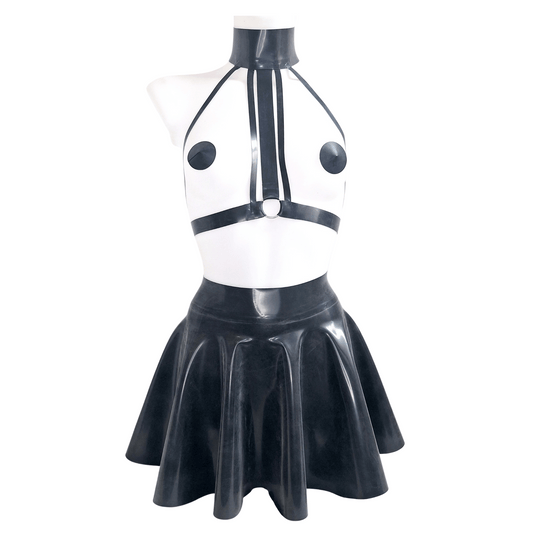 Black Latex Chest Harness, Latex Skater Skirt, Knickers & Pasties Set