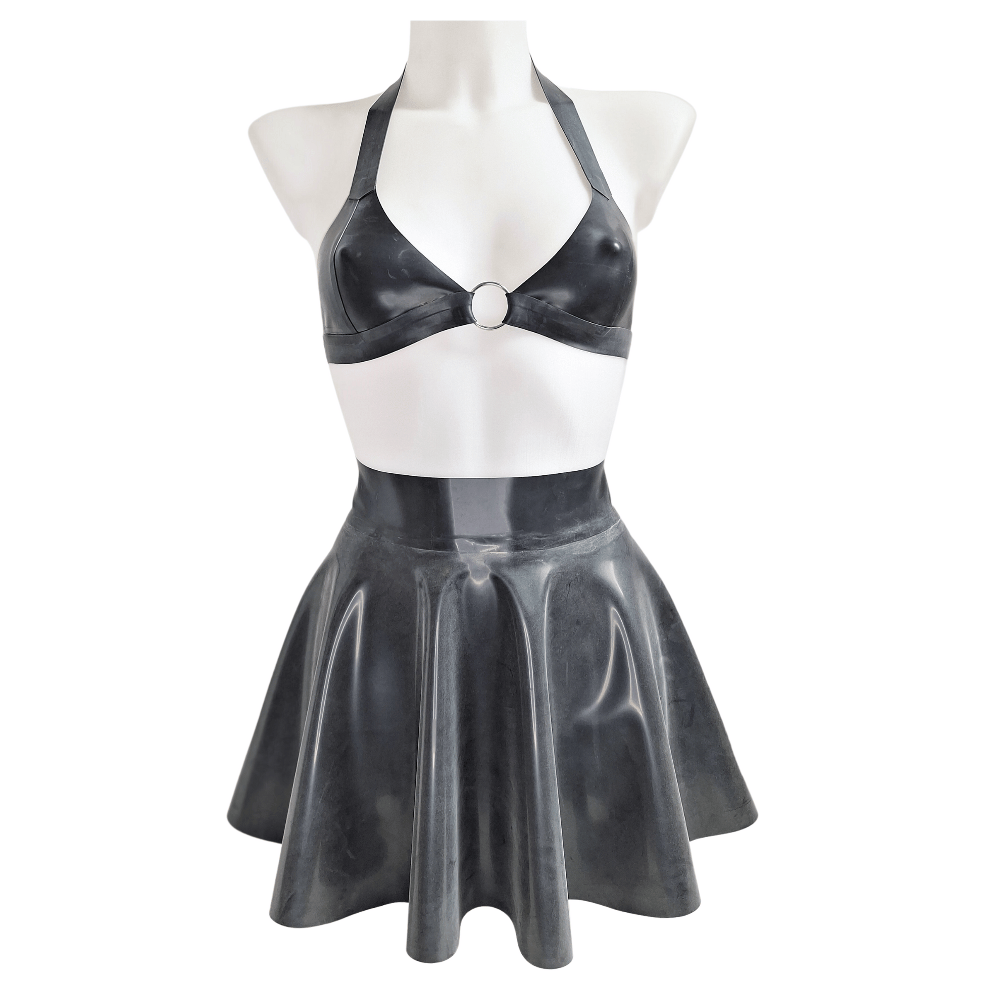 A classic Black latex O ring triangle style bra with black halter strap paired with a black skater/circle skirt.