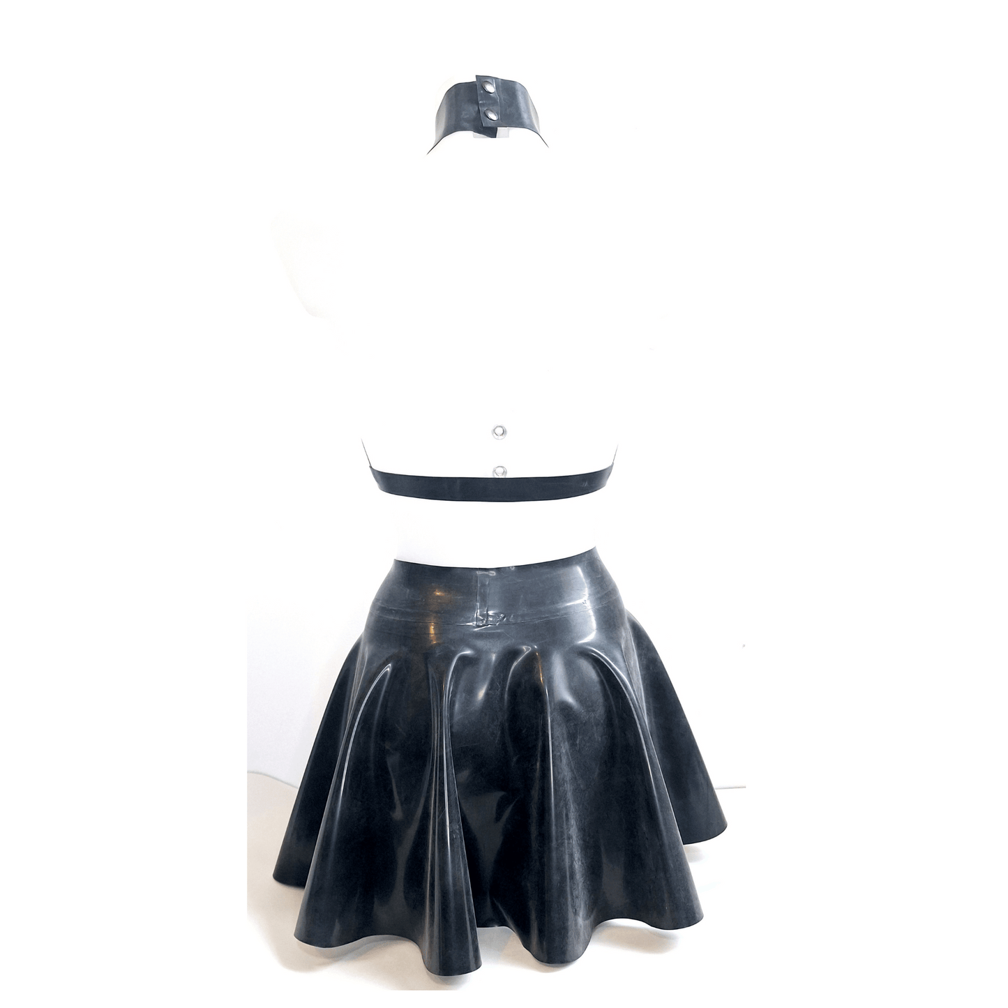 Black Latex Chest Harness, Latex Skater Skirt, Knickers & Pasties Set