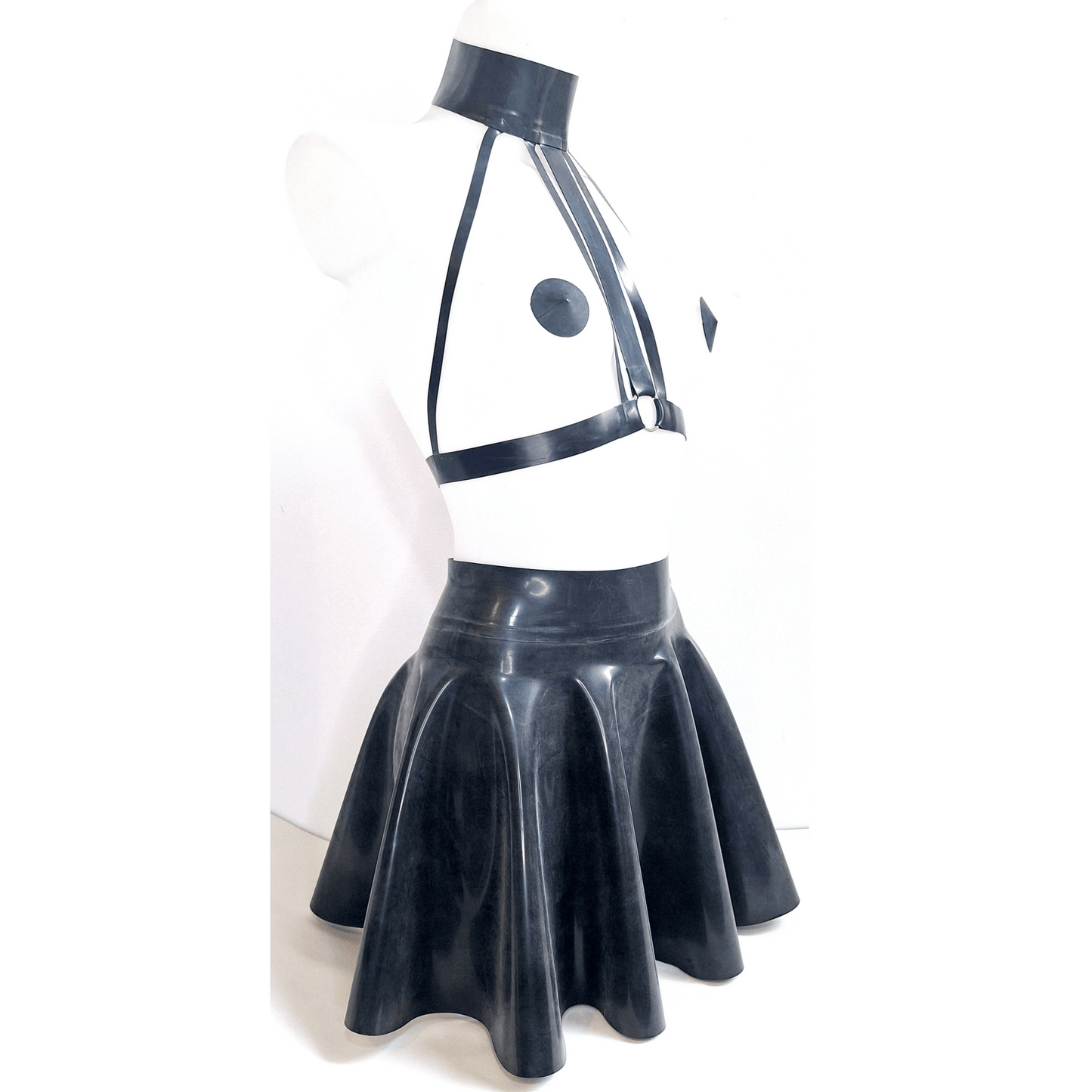 Black Latex Chest Harness, Latex Skater Skirt, Knickers & Pasties Set