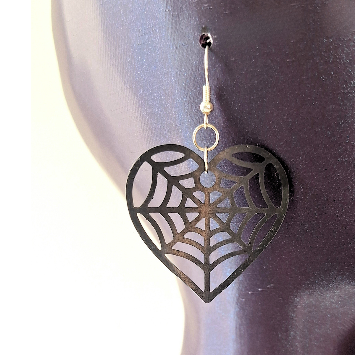 Black Latex Lasercut Web Heart earrings