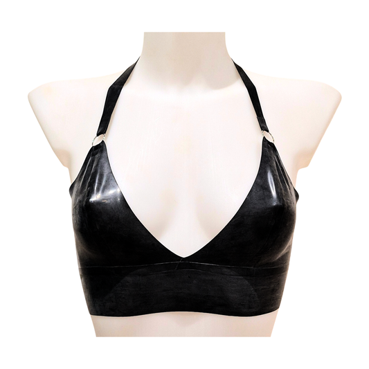 Latex soft cup latex bralette or crop top with a wide band and an adjustable halter strap. Shown here in black, more colours are available. 