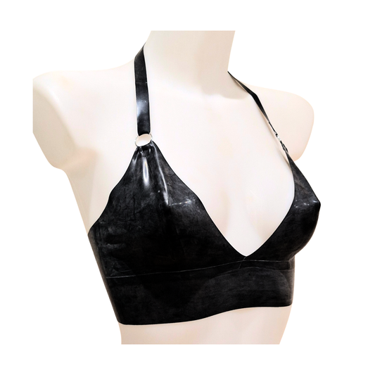 Front/side view of latex longline bralette. 
