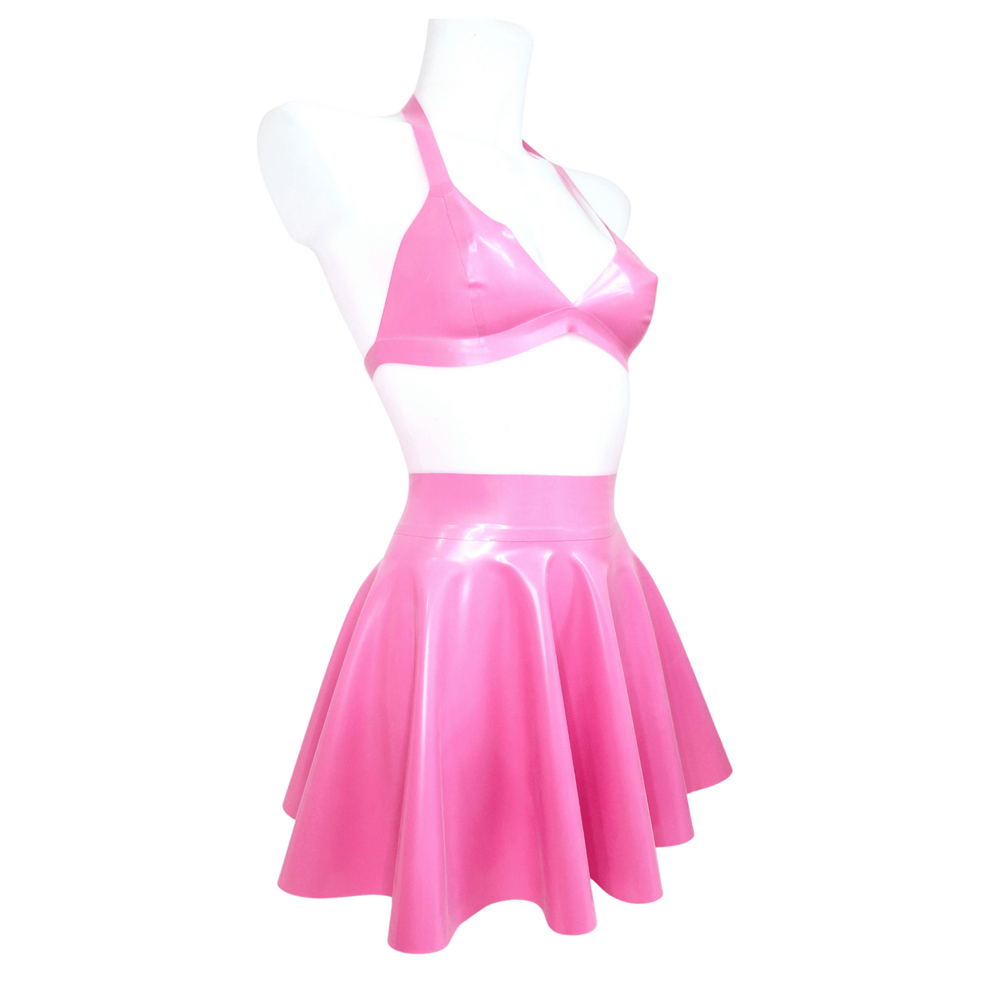 Bubblegum Pink Latex Bralette, Latex Skater Skirt & Knickers Set