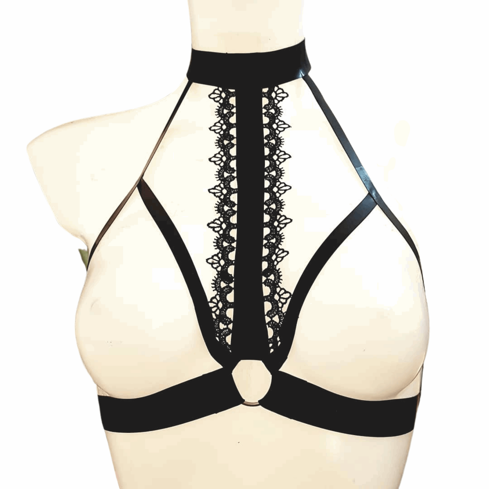 Black Latex & Lace Open Cup Harness Bra with Choker