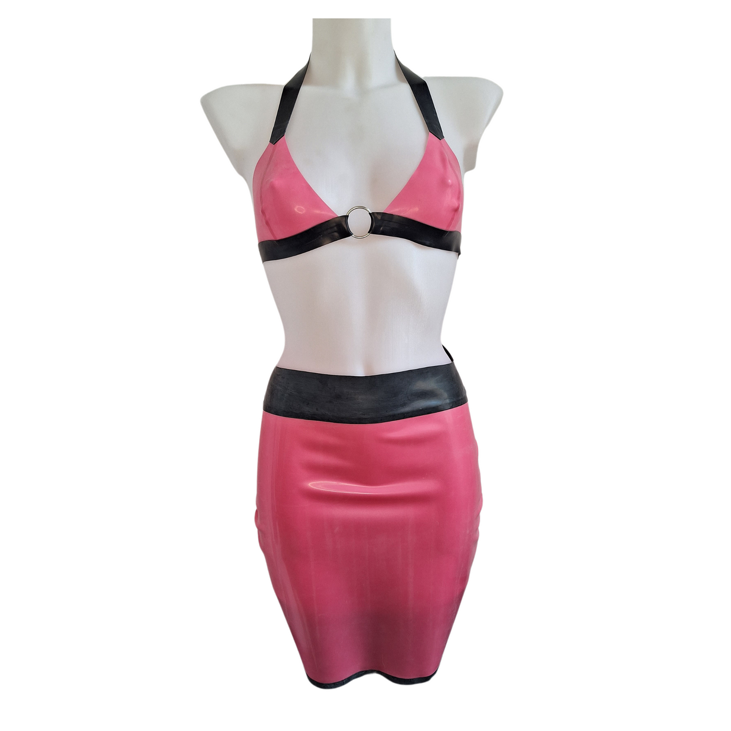 Metallic Fuchsia Pink & Black Latex Kick Flare Pencil Skirt