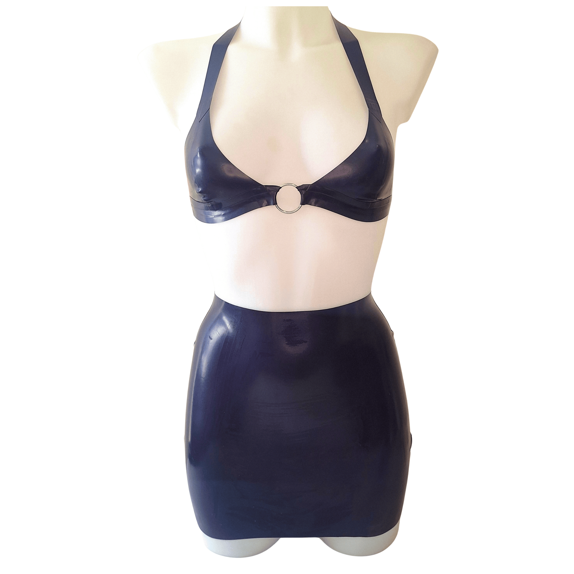 Dark metallic Purple latex mini skirt shown with matching metallic purple latex O ring bralette