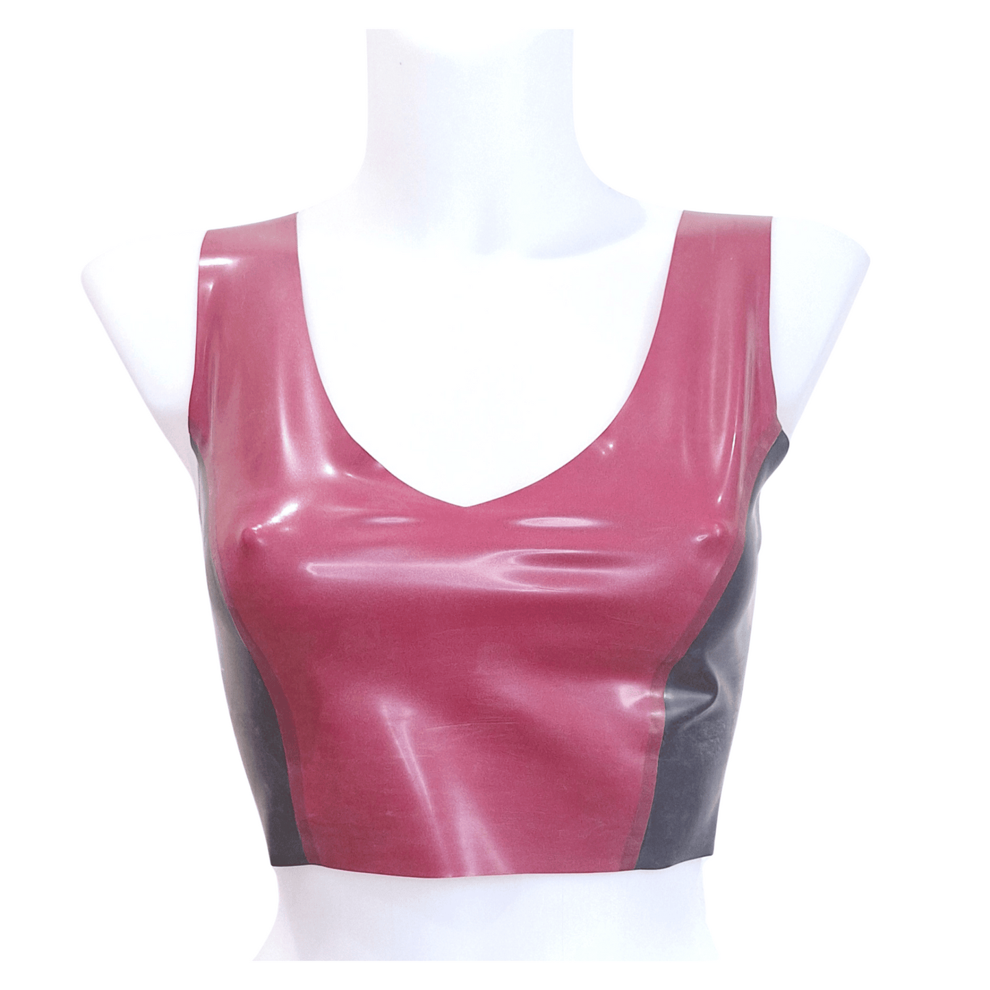 metallic red & Transparent black latex crop top, v beck, solid center with transparent side & back panels