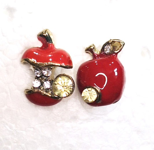 Gold & Red Enamel Apple Earring Studs