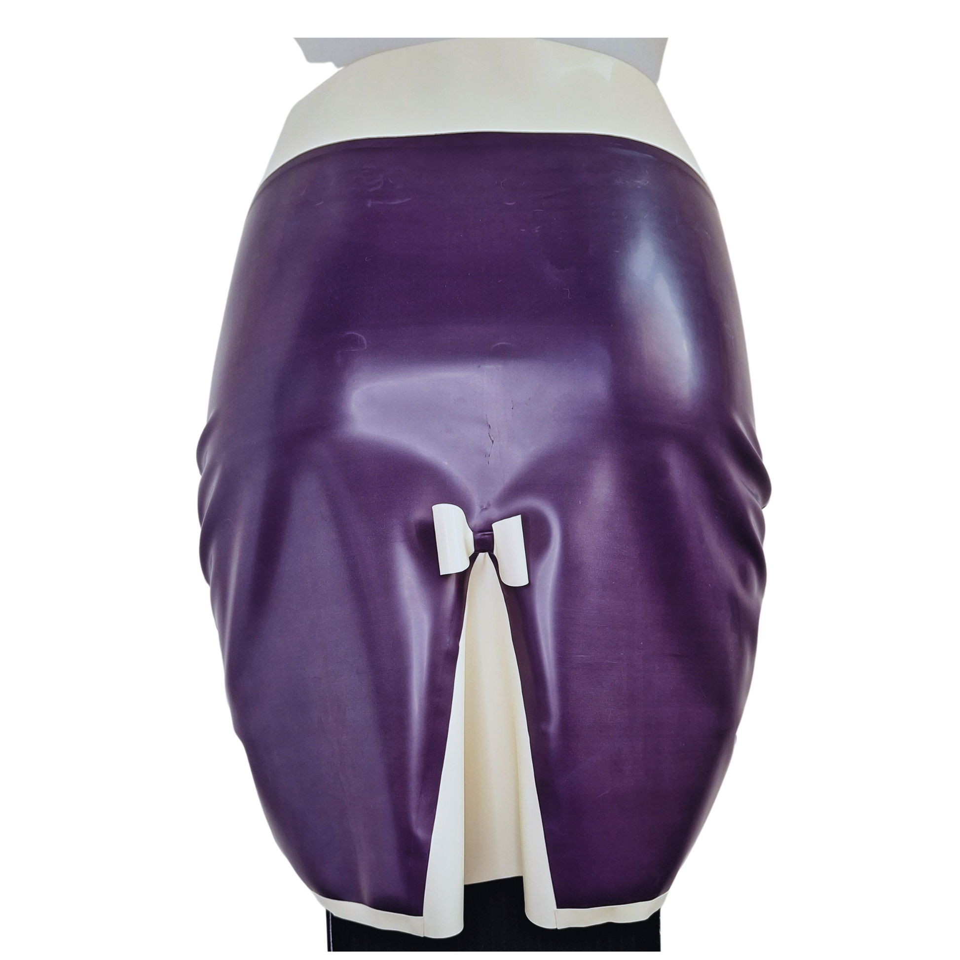 Dark Purple Pencil skirt with wide white waistband, white kick flare panel at the back and trimmed at the bottom edge in white.