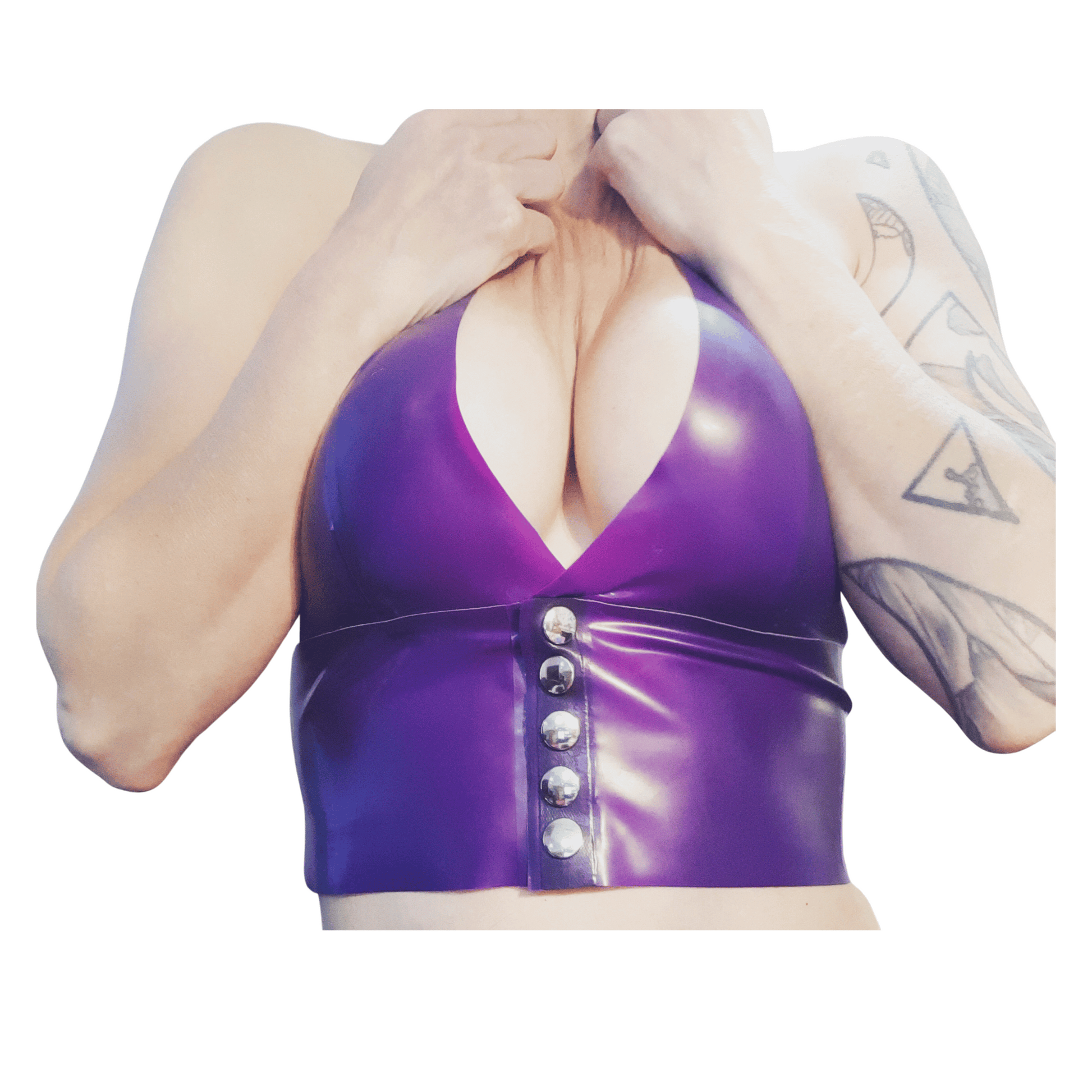 Semi transparent mauve purple longline bra top with poppers down the center front and an adjustable halter strap