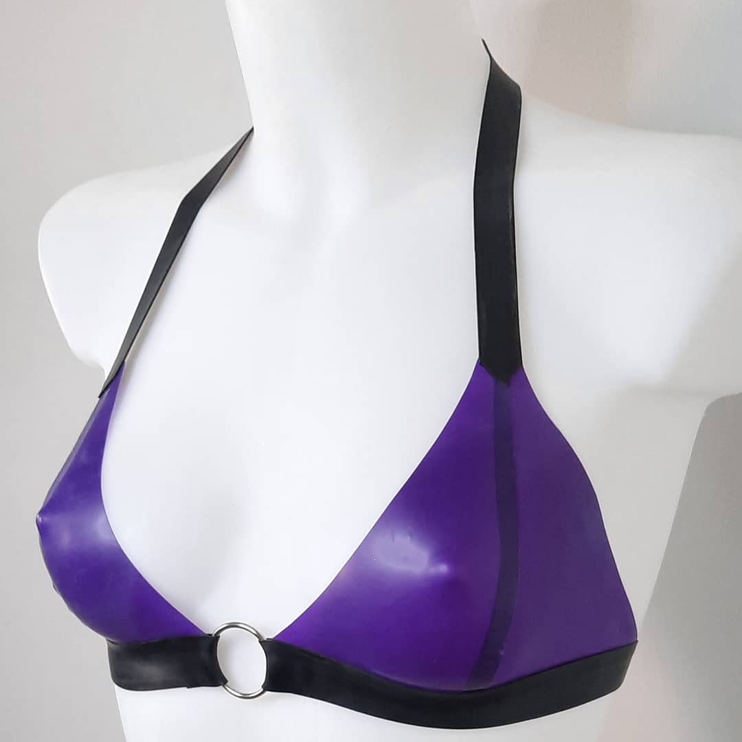 Semi Transparent Mauve Purple Latex O Ring Bra, Knickers & Skater Skirt Set