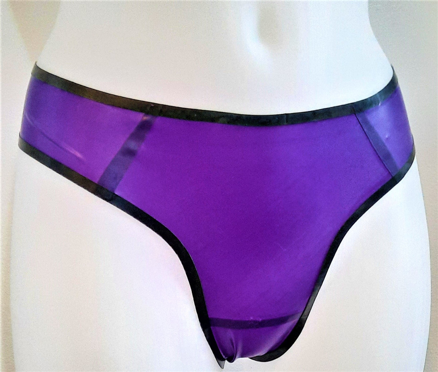 Semi Transparent Mauve Purple Latex O Ring Bra, Knickers & Skater Skirt Set