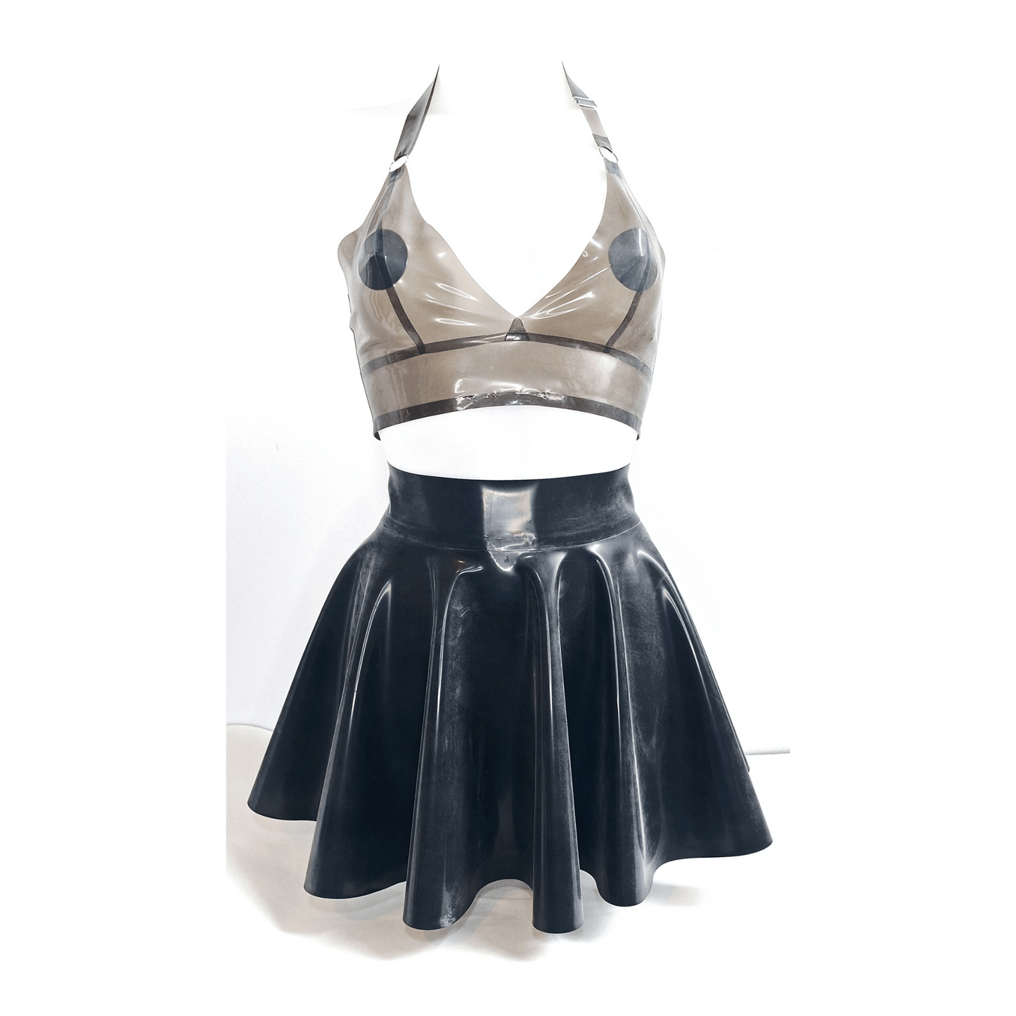 Semi Transparent Smoke Black Longline Bra Top & Skater Skirt Set