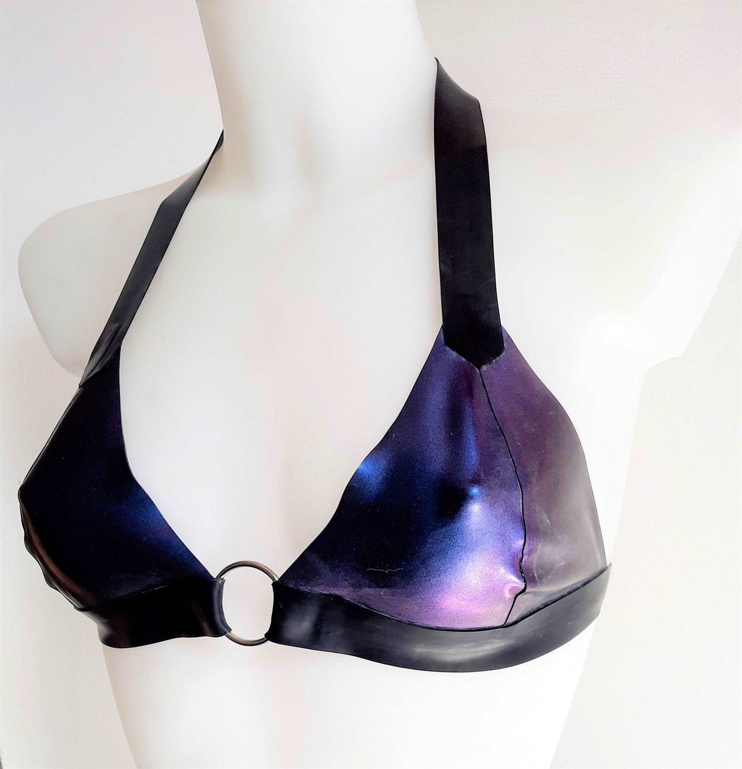 Colour Change Purple/Blue Purple Latex O Ring Bralette Soft Bra Top Rubber Bra