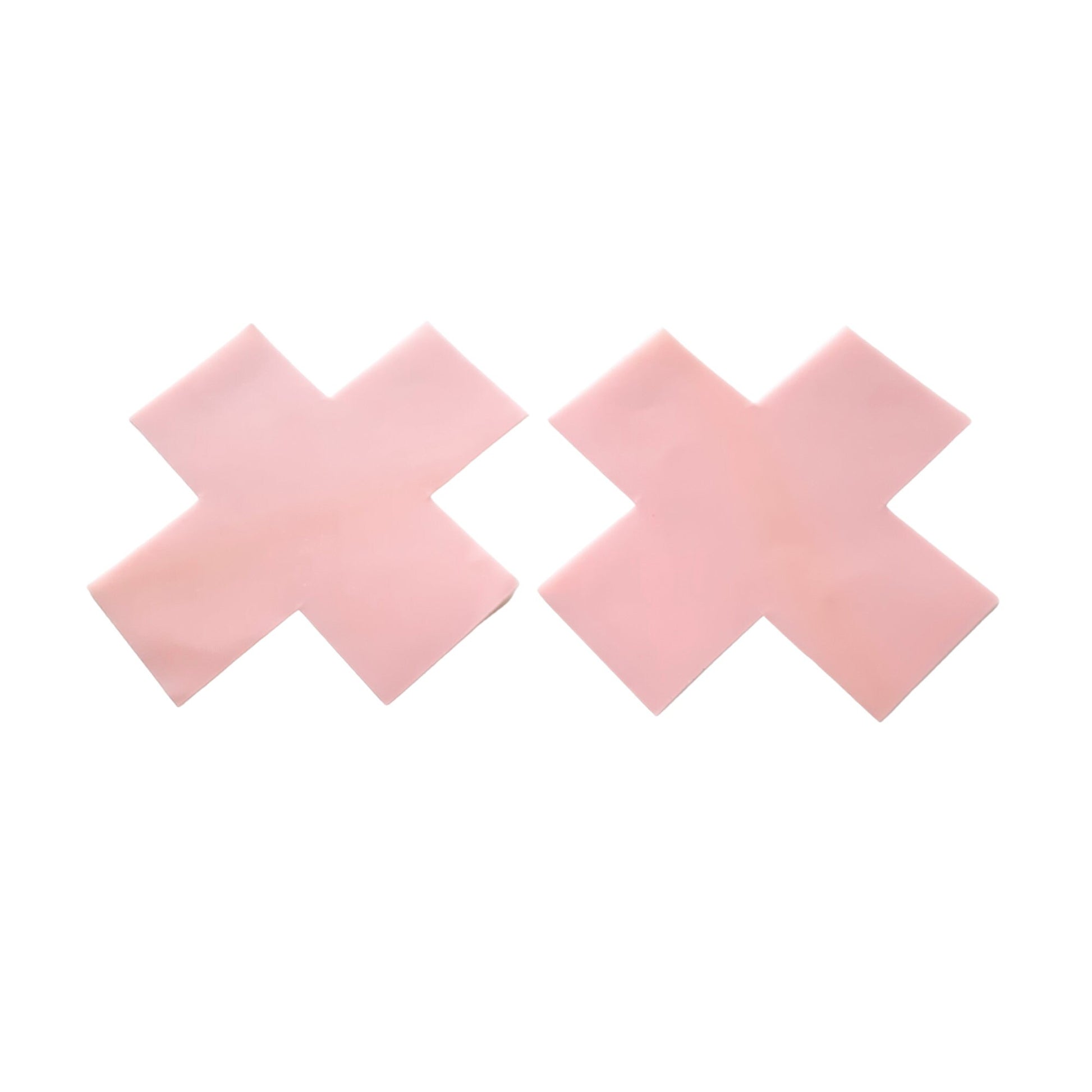 Big Cross or X Nipple Stickers/Pasties. Made from Semi Transparent Pink Latex Rubber.  These have an overall width of 9.5cm x 9.5cm and a nipple coverage area of around 5cm