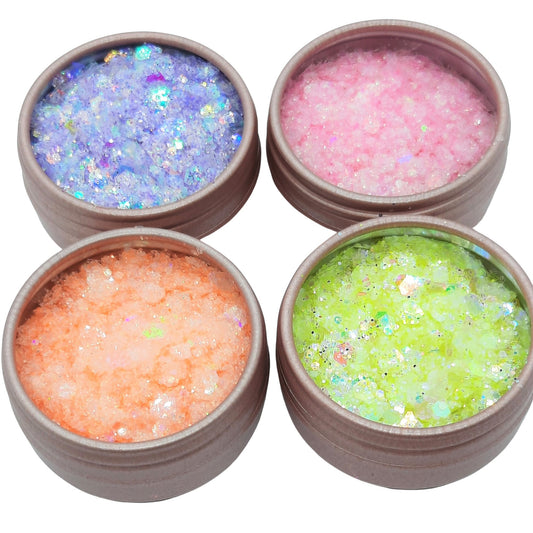 Set of 4 Iridescent Pastel Glitter Mixes, Purple, Orange, Yellow & Pink Festival Disco Glitter Mix